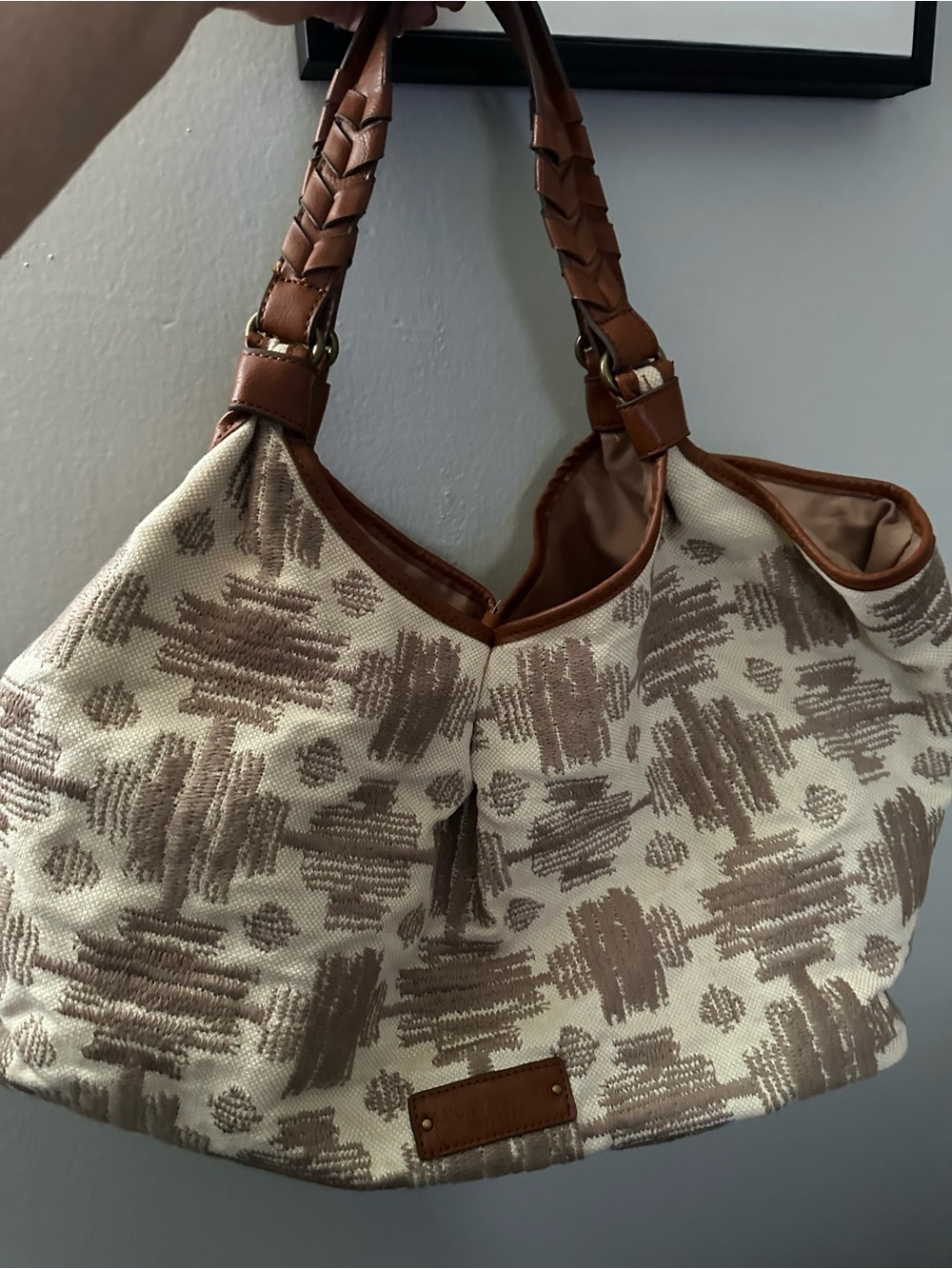 Lucky Brand Beige Canvas Shoulder Bag with Brown Trim